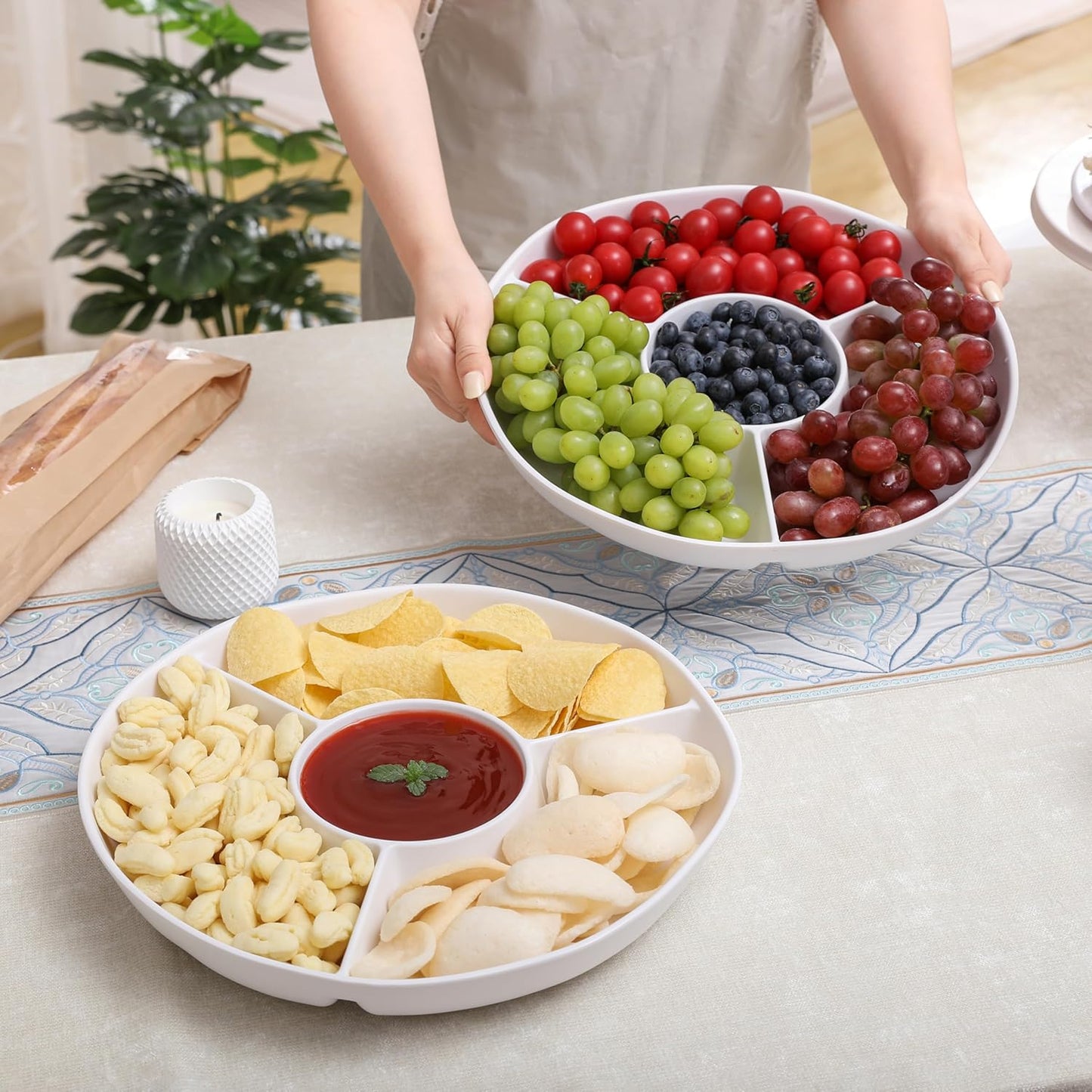 White Chip and Dip Serving Set, Divided Serving Platter Set, 4 Section Appetizers and Cheeses Serving Tray, Compartment Dishes for Party, Christmas, Dessert, Fruit, Candy, 13-inch, Set of 2