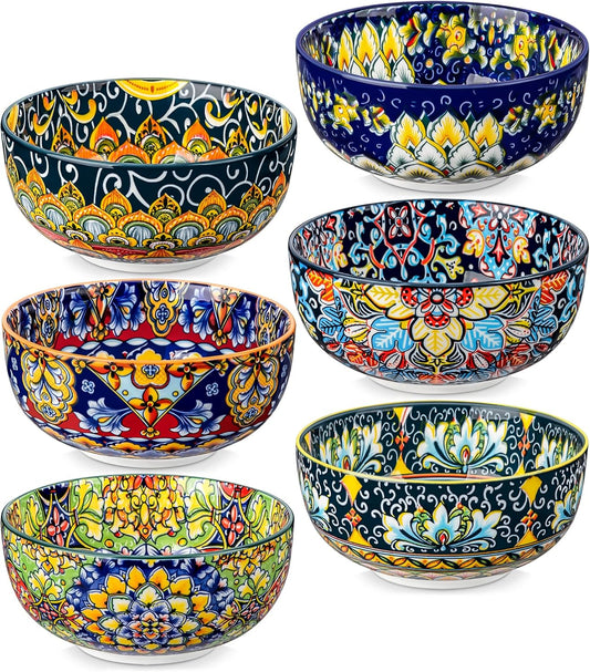 vancasso Cereal Bowls Set of 6, Bohemian Ceramic Soup Bowls, 28 oz Colorful Bowls Set for Kitchen, Dishwasher & Microwave Safe for Salad, Pasta, Rice, Oatmeal, Fruit