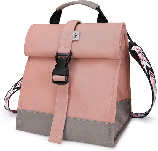 SUNNY BIRD Insulated Lunch Bag Pink Lunch Box Small Cooler Bag for Women, Girls, Adults and Teens (Pink with pink shoulder strap)