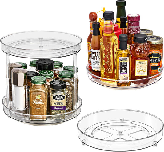 Sorbus 9 Inch Clear Lazy Susan Organizer Set, 2 Flat Turntable Organizer for Spice Organization for Cabinet, One 2 Tier Lazy Susan for Kitchen, Home, Office, Closet, Laundry Room Organization