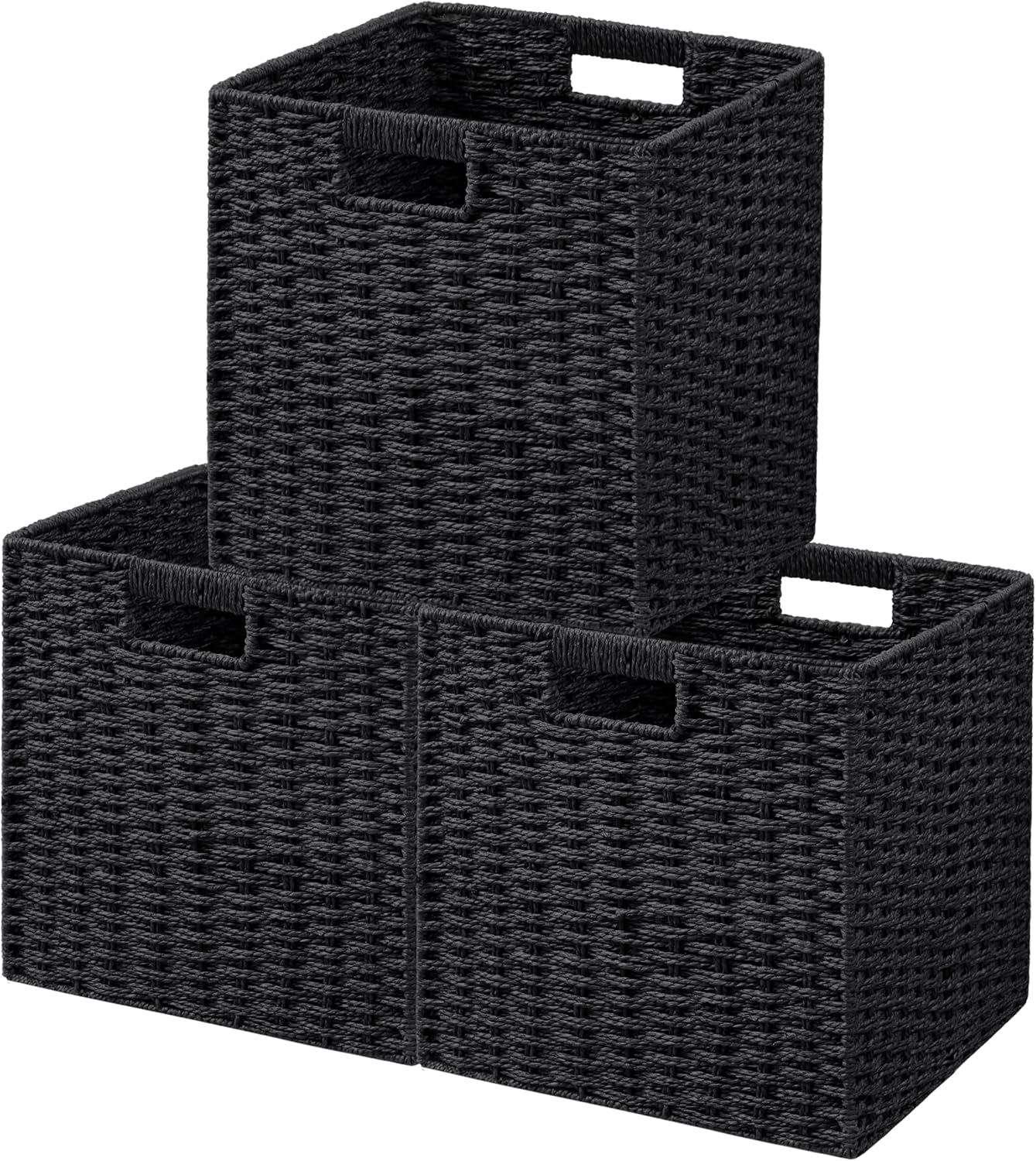 UBBCARE 3 Pack Wicker Basket, 11L×11H×10.5W inch Woven Paper Rope Storage Baskets for shelves, Foldable Cube Storage bin with Handle, Storage Basket for Organizing & Decor, Black