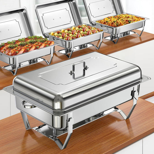 Chafing Dishes for Buffet (9QT, 4 Pack) - Easy Assembly, Food-Grade Stainless Steel Chafers for Catering w/Rolled Edge Design, Foldable Frame, for Party, Banquet (Full Size Food Pan)