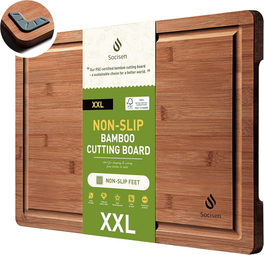 Extra Large Bamboo Cutting Board with Non Slip Feet and Over Sink Butcher Block Chopping Board Nice Solid Thick Wooden Juice Groove Big Xl XXl xlarge Best Hardwood Kitchen Counter Organic