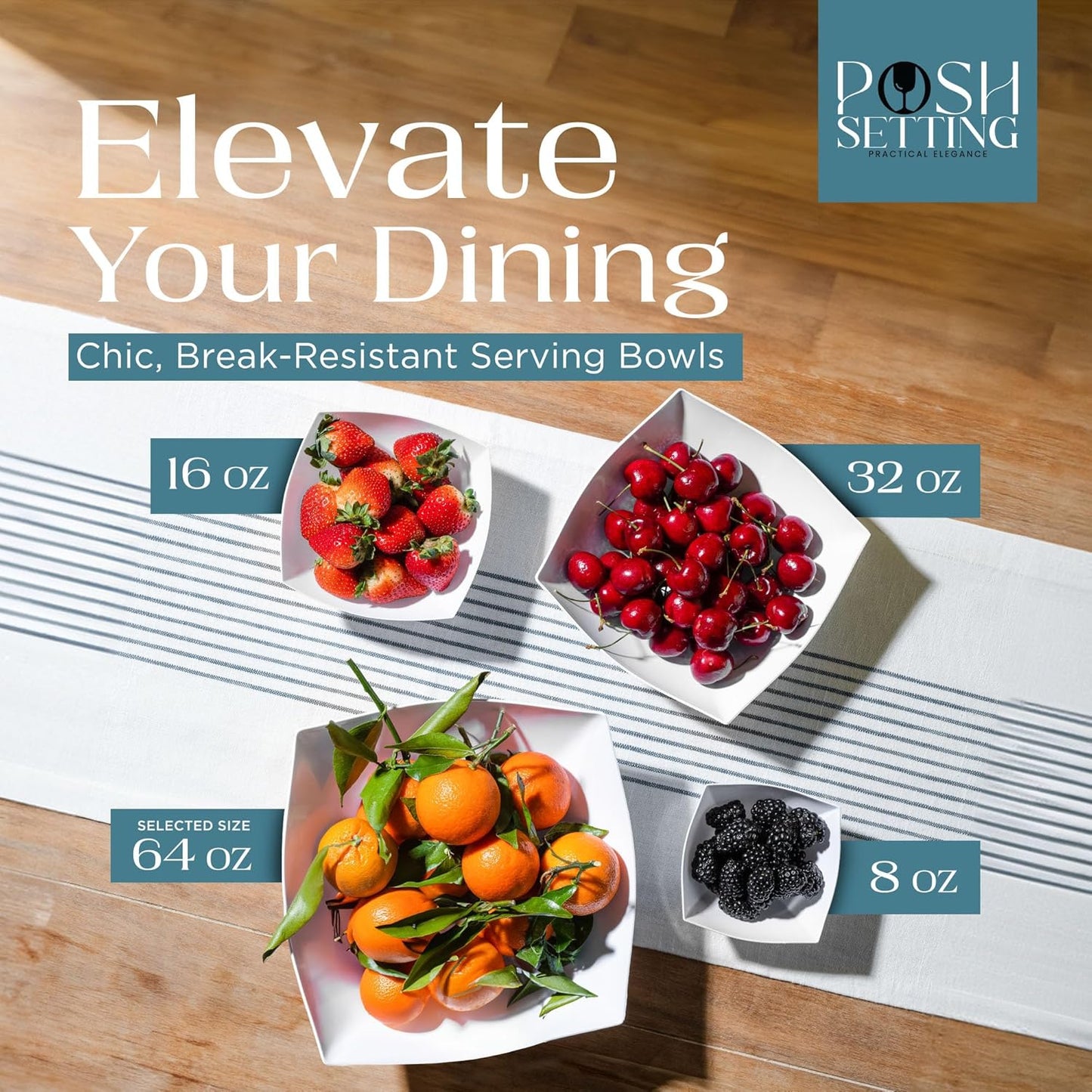 Posh Setting White Plastic Serving Bowls Disposable - Square Bowls - Square Candy Bowl - Plastic Snacks & Chip Bowls for Parties - White, Gold & Clear, Black Serving Dishes, 64 OZ, 4 Pack