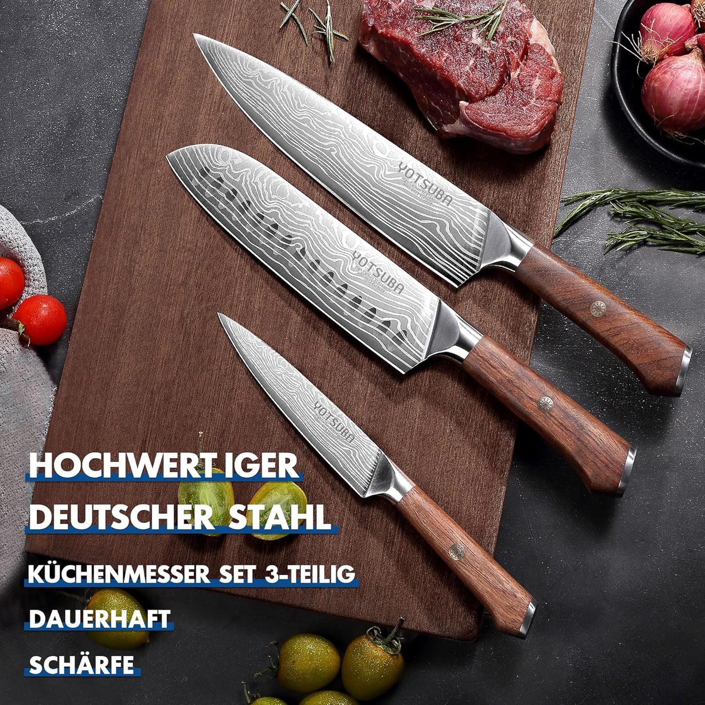 YOTSUBA Kitchen Knives Set, 3 Piece Chef Knife Set, Sharp High Carbon Stainless Steel Forged Blade Professional Kitchen Knife Set with Ergonomic Handle, Chef Knives Set for kitchen with Gift Box