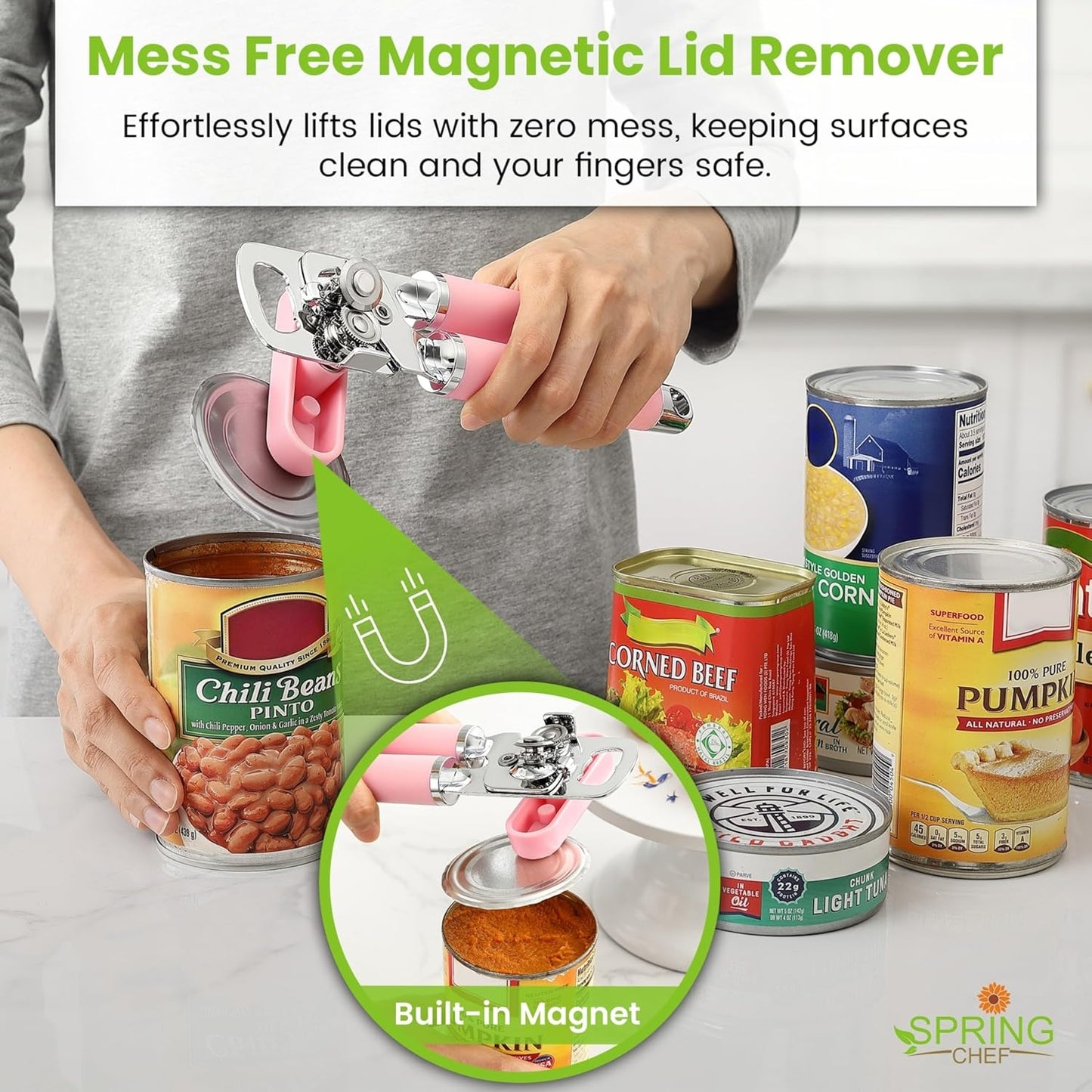 Spring Chef Stainless Steel Can Opener - Manual with Soft Grip Handles, Easy Turn, Heavy Duty Hand Can Openers for Seniors with Smooth Edge - Magnetic Lid Remover - Pink Lemonade