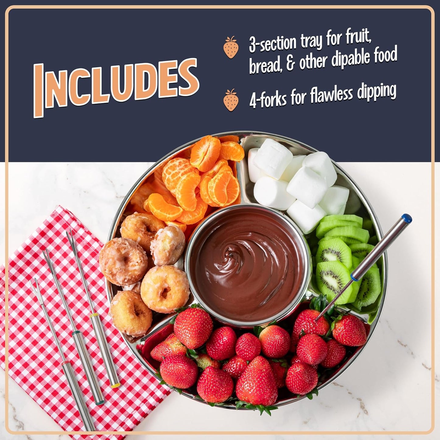 Nostalgia Electric Fondue Party Set – 10 oz Melting Pot, 4 Roasting Forks, & Detachable Serving Tray – Melted Cheese, Chocolate, or Dessert – Perfect for Gifts, Parties, Date Night – Stainless Steel