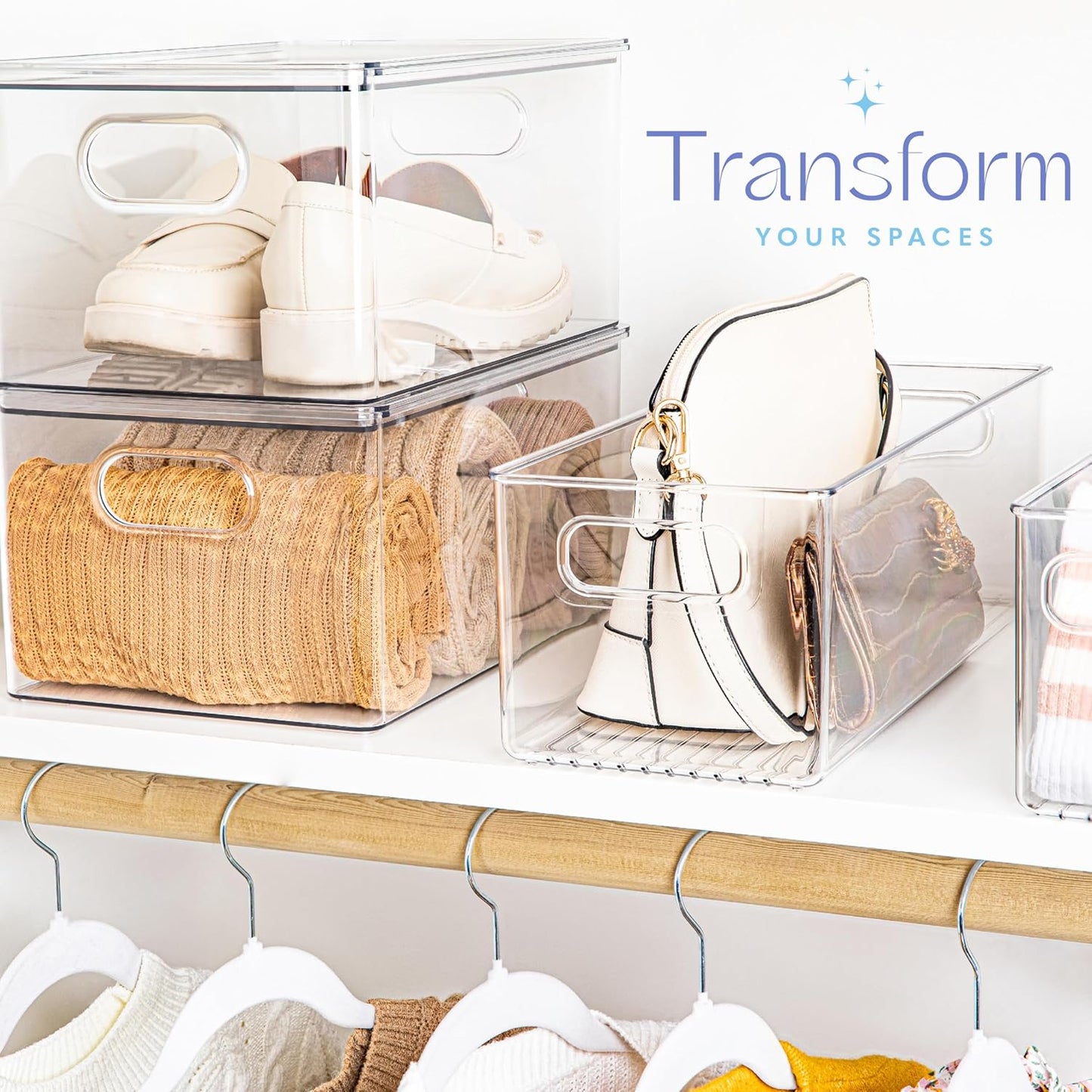 Plastic Food Storage 2 Pack Clear Container Bin with Handles for Organizing Kitchen, Pantry, Refrigerator, Freezer, Pantry, Cabinet, Closet, Bathroom. 16”x6”x5”