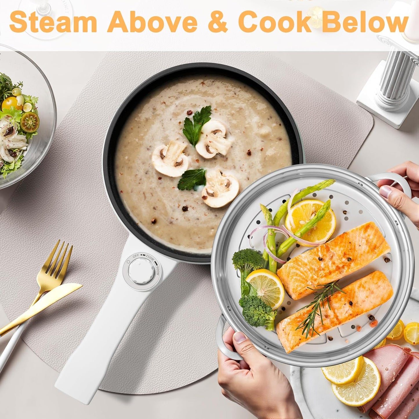 Dezin Hot Pot Electric with Steamer Upgraded, Non-Stick Sauté Pan, Rapid Noodles Electric Pot, 1.5L Mini Pot for Steak, Egg, Fried Rice, Ramen, Oatmeal, Soup with Power Adjustment