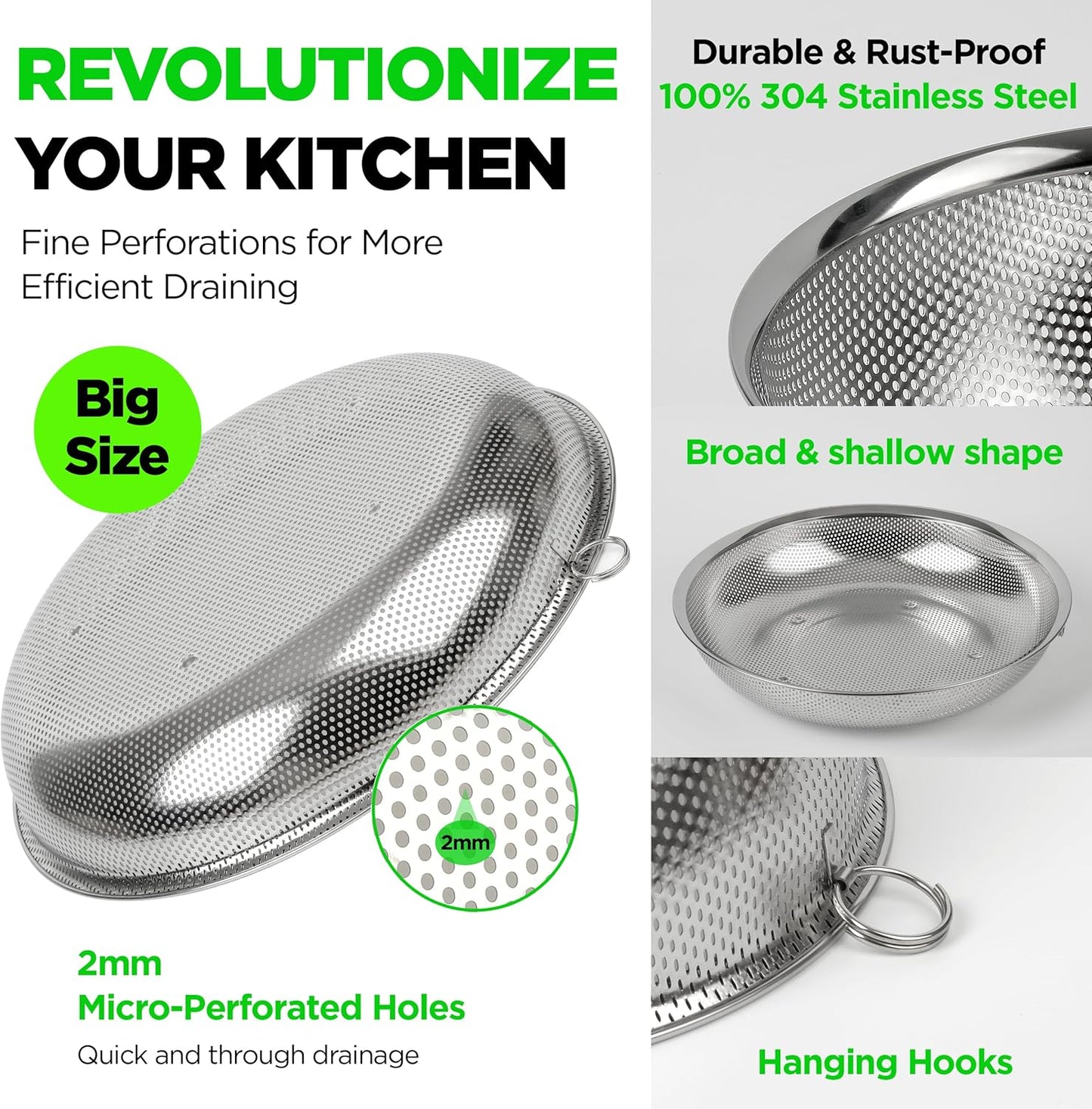 Premium 18/8 304 Stainless Steel Large Colander Set of 3, Comfortable Micro-Perforated Shallow Strainers, 5.5-7-10 Quart Tray Set, Self-Draining Solid Base for Pasta, Fruits, Vegetables