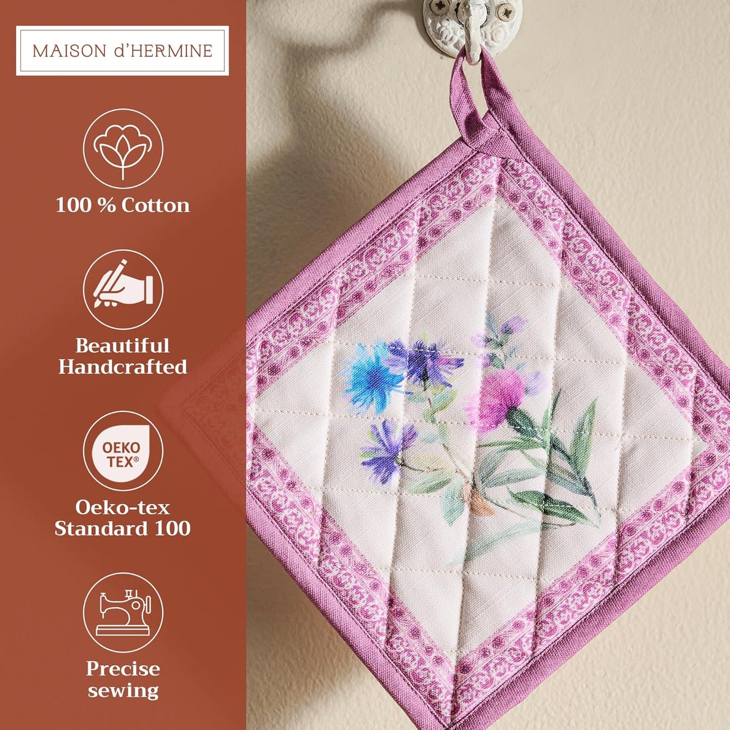 Maison d' Hermine Pot Holders Set 100% Cotton Heat Resistant Potholders 8" x 8" Hot Pads with Loop BBQ, Cooking, Baking, Grilling, Kitchen, Handling Hot Pans Spring/Summer (Pack of 2, Chardon)