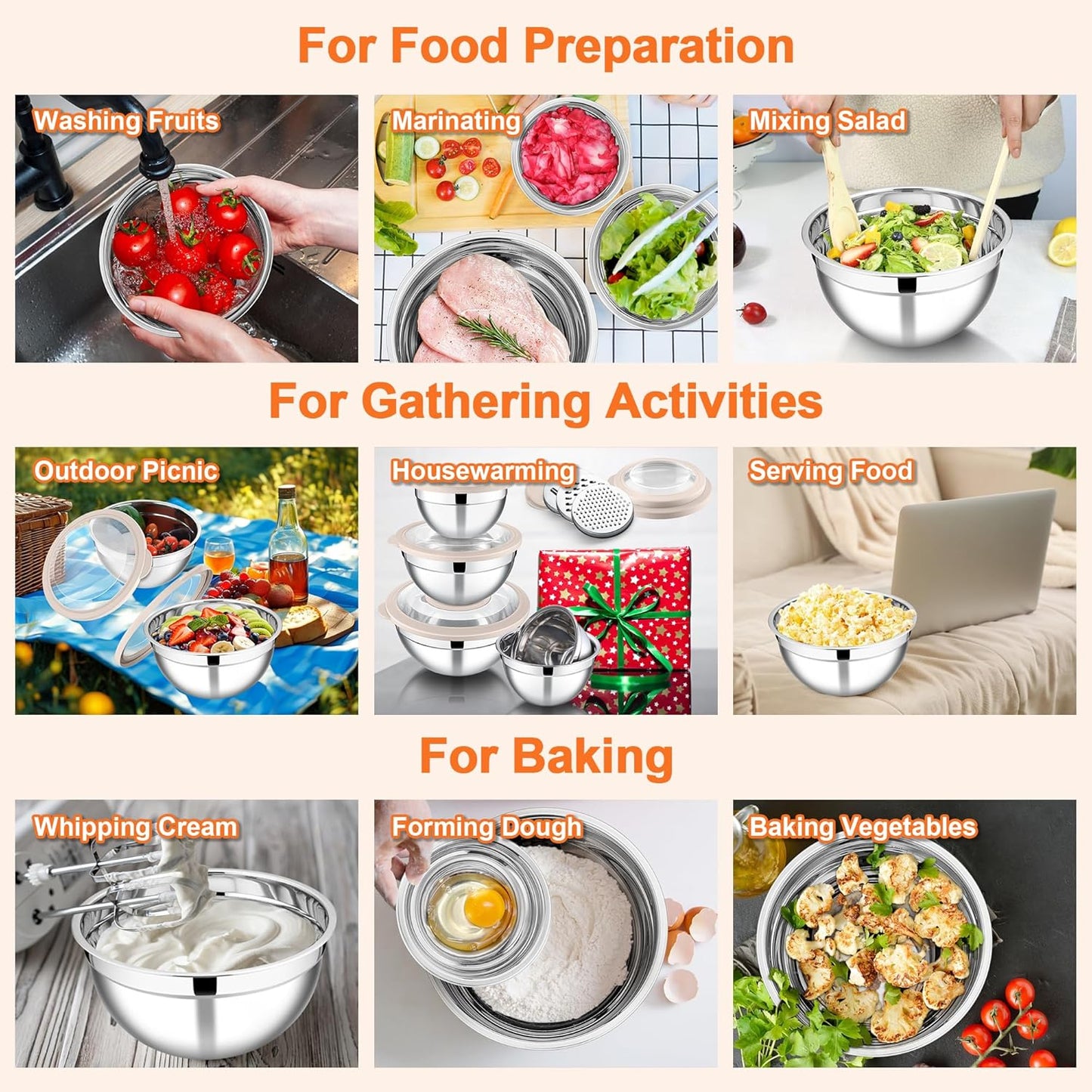 E-far Mixing Bowls Set of 5, Stainless Steel Salad Mixing Bowl with Transparent Lid, Metal Nesting Bowl Attach with 3 Graters for Kitchen Prepping/Serving/Baking/Storage, 4.6/2.6/1.5/1/0.7 QT - Khaki