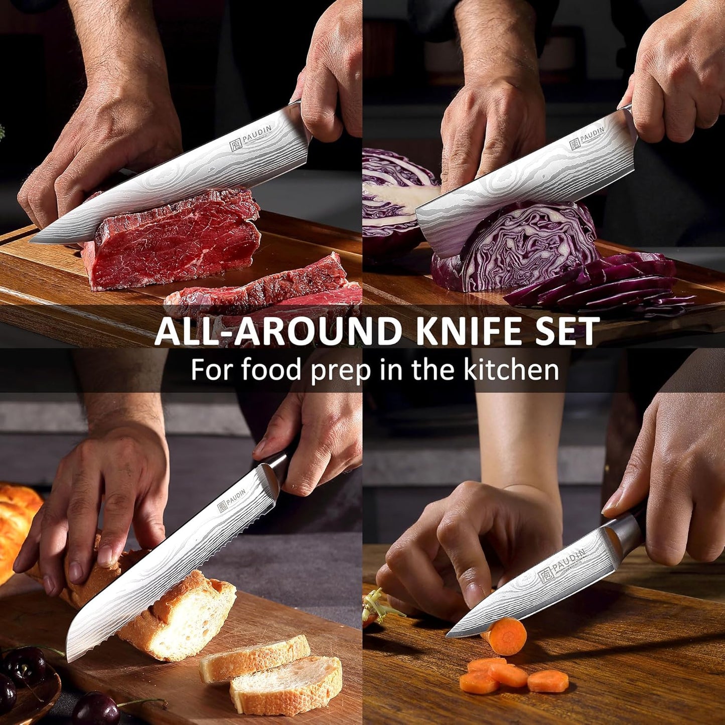 PAUDIN Chef Knife Set, 7 Pieces Kitchen Knife Set, High Carbon Stainless Steel, Ultra Sharp Knife Set, Professional Knives Set for Kitchen with Pakkawood Handle