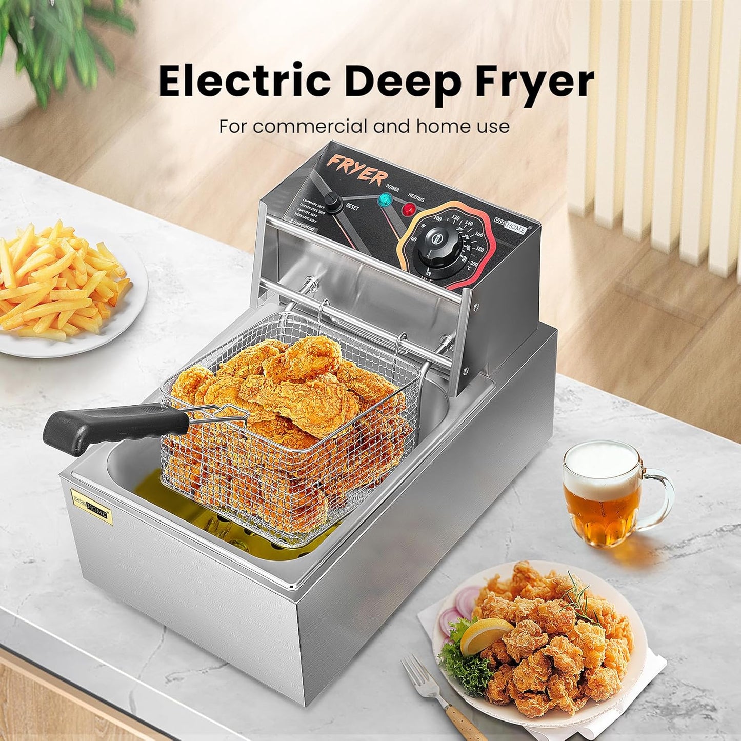 VIVOHOME 2500W 10.6 QT Electric Deep Fryer with 6.3 QT Removable Basket, Temperature Adjustable 140-392℉