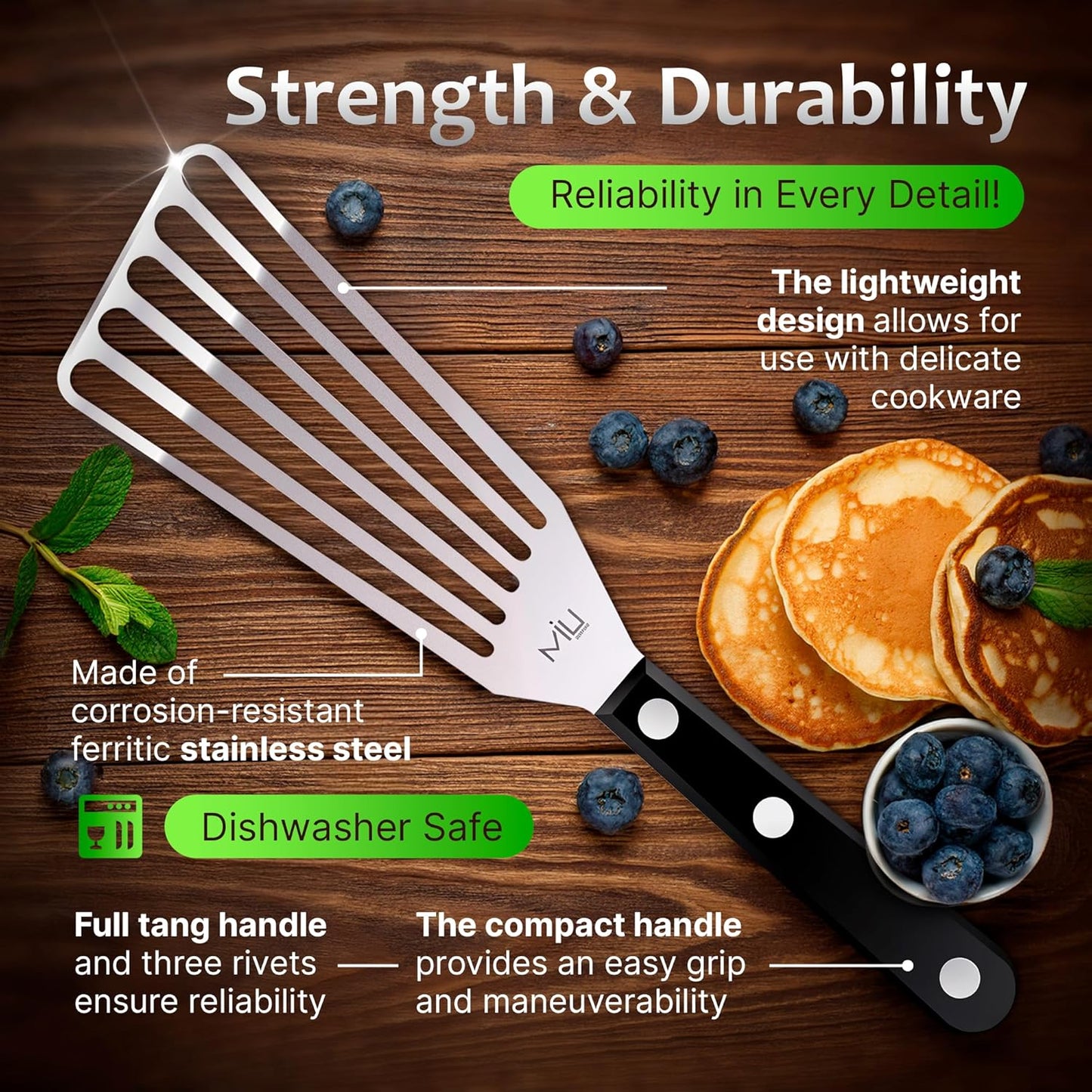 MIU Fish Spatula Stainless Steel, Flexible, Polished Metal, Corrosion Resistant, Kitchen Slotted Turner [Upgraded Version]