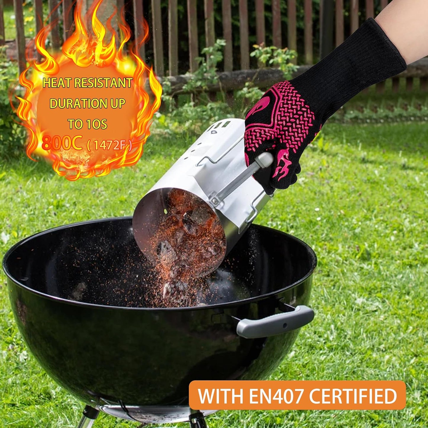 BBQ Fireproof Gloves, Grill Cut-Resistant Gloves 1472°F Heat Resistant Gloves, Non-Slip Silicone Oven Gloves, Kitchen Safe Cooking Gloves for Oven Mitts,Barbecue,Cooking, Frying,13.5 Inch-Rose Pink