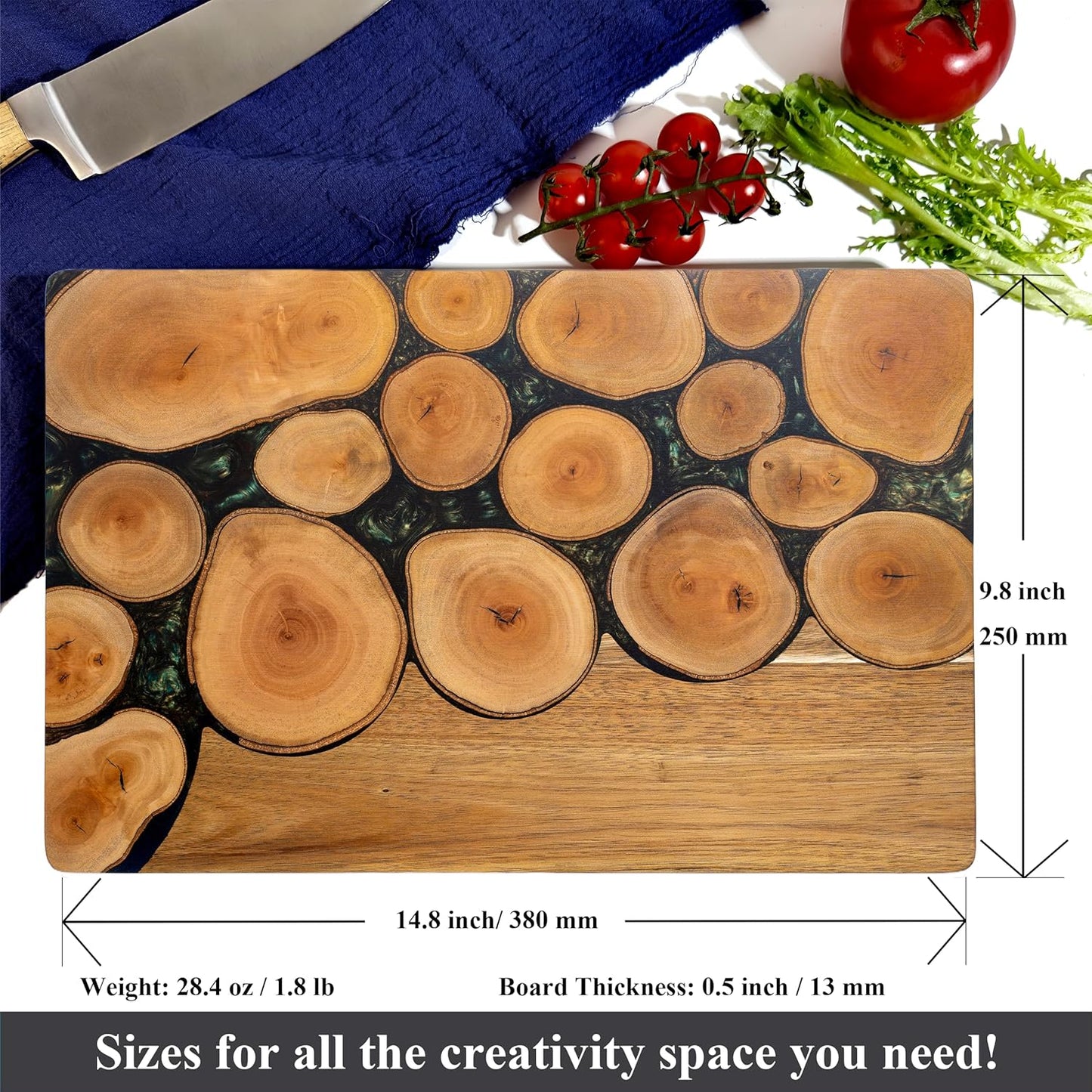 Acacia Wood Cutting Board With Colorful Black Resin Galactic Cosmos & Wood Stumps Unquie Design for Kitchen Meal Prep Serving Tray Cheese & Charcuterie Board for Meat Vegetable Gift 15*10‘’