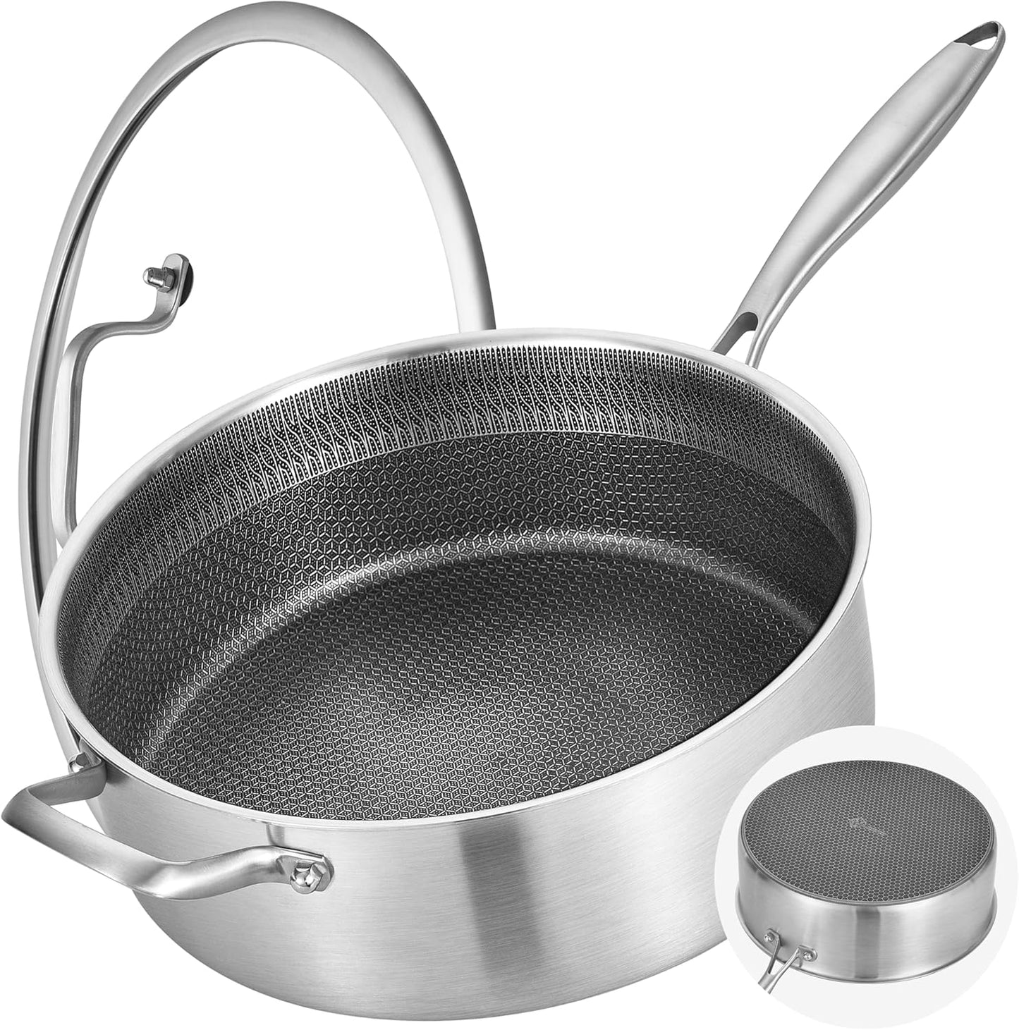 LOLYKITCH 7 Quarts Hybrid Non Stick Tri-Ply Stainless Steel Sauté Pan with Lid,12 Inch Deep Frying Pan,Large Skillet,Induction Cooking Pan, Oven Safe and Detachable Handle.