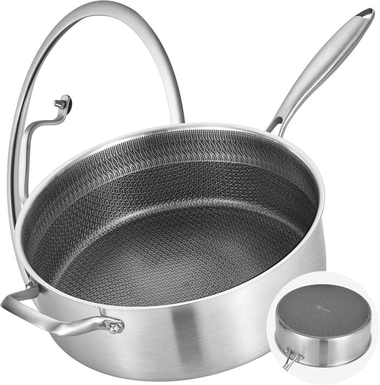LOLYKITCH 7 Quarts Hybrid Non Stick Tri-Ply Stainless Steel Sauté Pan with Lid,12 Inch Deep Frying Pan,Large Skillet,Induction Cooking Pan, Oven Safe and Detachable Handle.