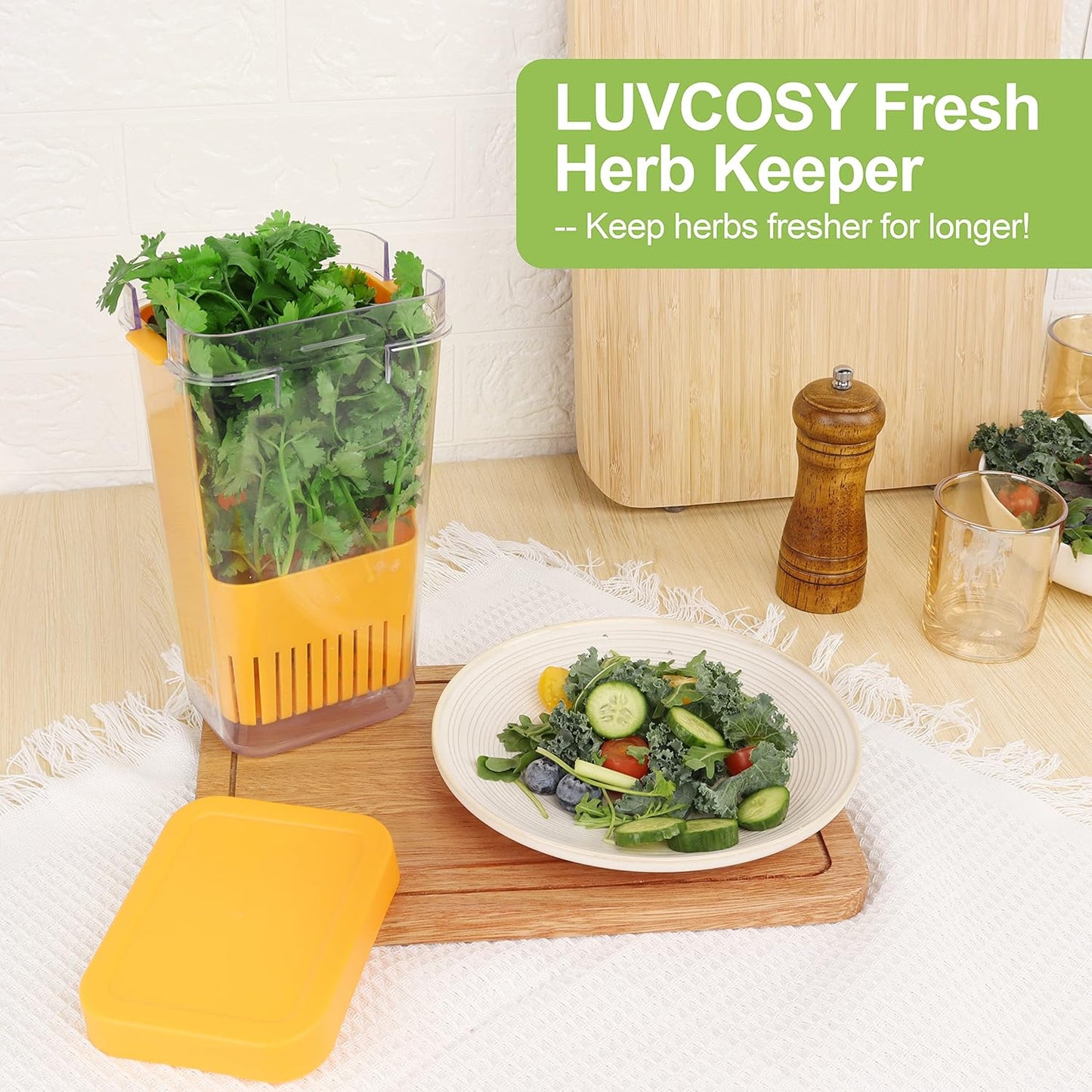 Fresh Herb Keeper for Refrigerator, Clear BPA-Free Herb Saver, Storage Container for Cilantro, Parsley, Thyme, Mint & Asparagus, Preserver Keeps Fresh Herbs for 3 Times Longer, Orange