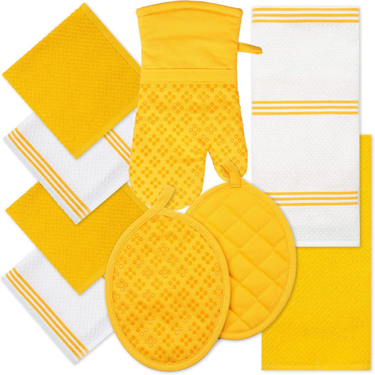 Sticky Toffee 9-Piece Kitchen Set – Yellow 100% Cotton Terry Dish Towels, Dishcloths, Oven Mitts, and Pot Holders with Non-Slip Silicone Grip, Oeko-Tex Cotton