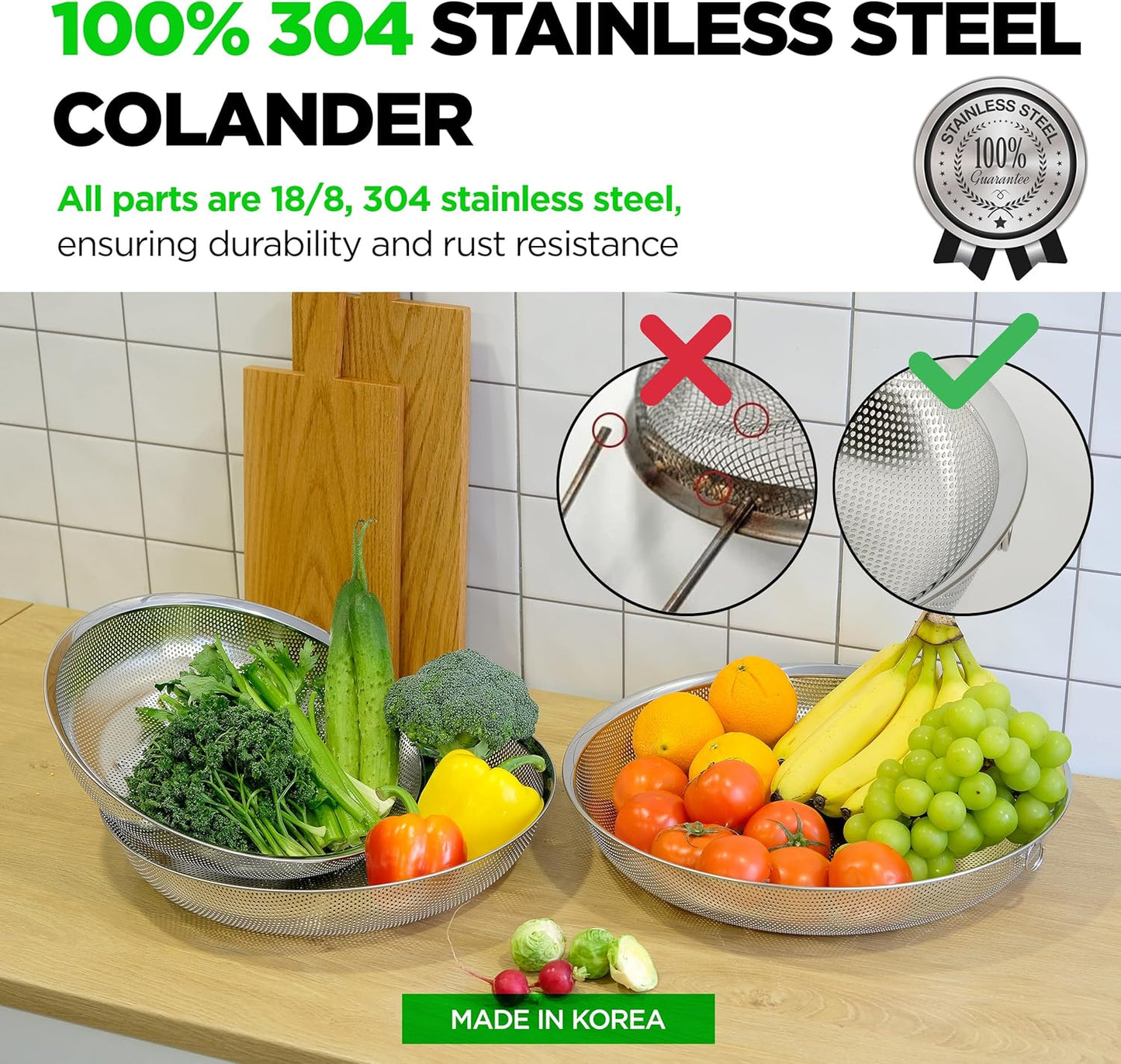 Premium 18/8 304 Stainless Steel Large Colander Set of 3, Comfortable Micro-Perforated Shallow Strainers, 5.5-7-10 Quart Tray Set, Self-Draining Solid Base for Pasta, Fruits, Vegetables