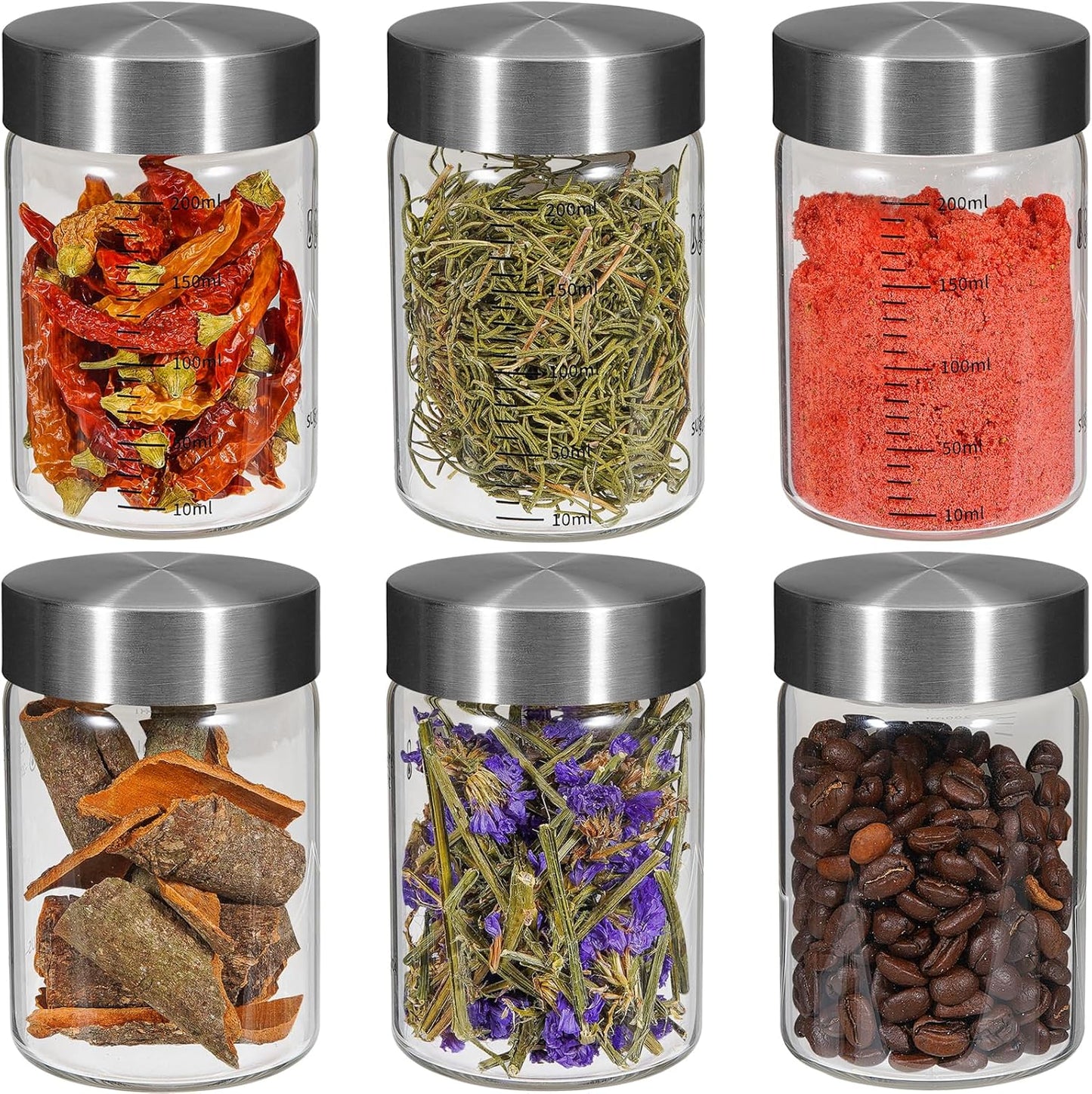 Glass Spice Jar Coffee Sugar Container Airtight Glass Jar Food Storage Canisters Bottle for Kitchen Seasoning Tea Herb Overnight Oats Bar Parfait Snacks (6 * 200ml(6.76oz))