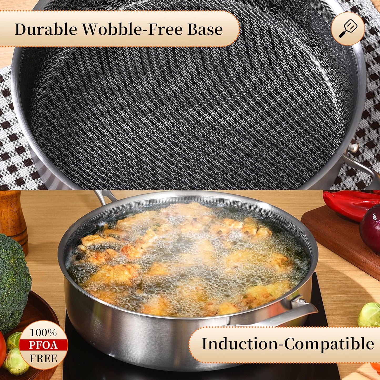 LOLYKITCH 6 Quarts Hybrid Non Stick Tri-Ply Stainless Steel Sauté Pan with Lid,12 Inch Deep Frying Pan,Large Skillet,Induction Cooking Pan, Oven Safe and Detachable Handle.