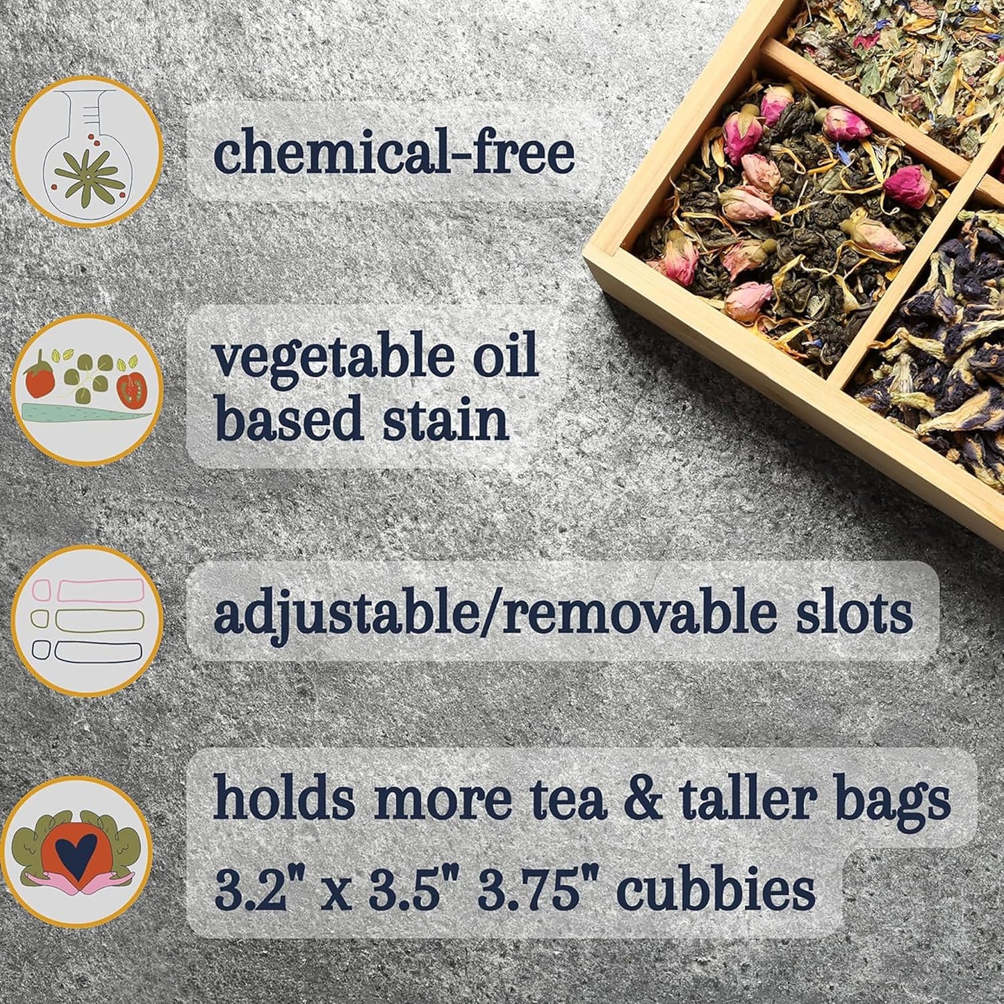 Tea Organizer Box 7.4" x 8.1" x 4.2" Bamboo Wood Organizer Storage Chest 4 Tall Adjustable Slots 100% Handmade Eco-Friendly Natural Kitchen Décor