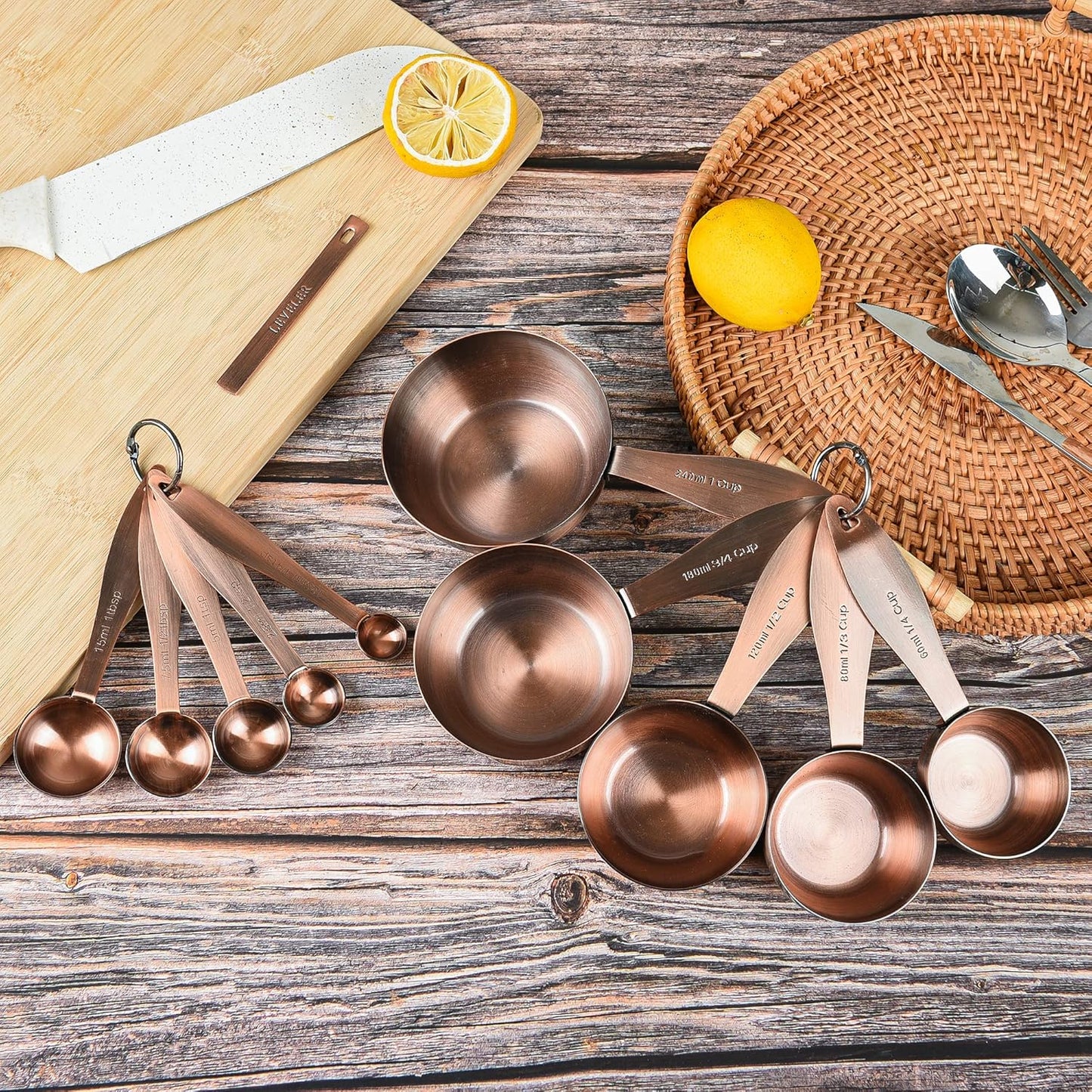 Copper Plated Measuring Cups and Spoons Set with 5 Copper Measuring Cups and 5 Measuring Spoons and Measure Ingredient Leveler and Rings, Metric & US Metal Measure Cups and Spoons for Baking & Kitchen
