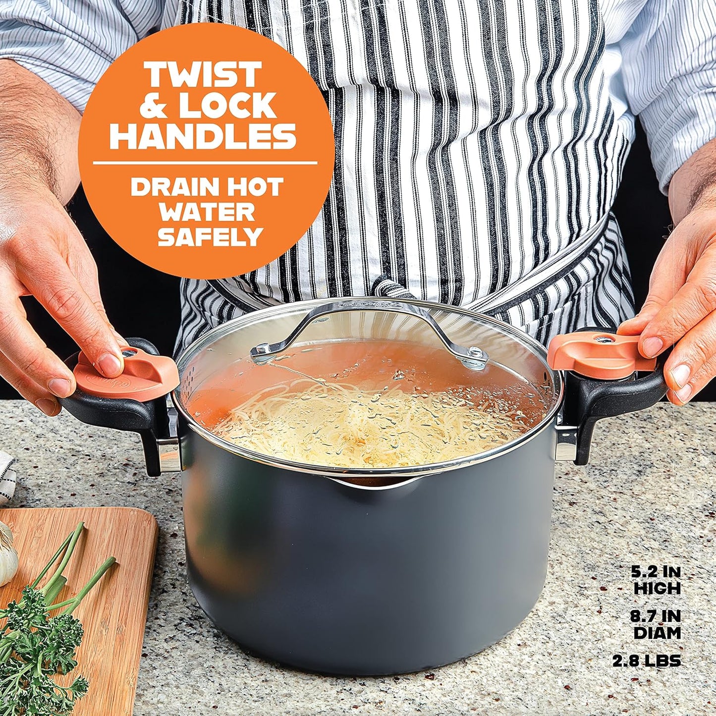 GOTHAM STEEL 5 Qt Ceramic Stock Pot Multipurpose Pasta Pot with Strainer Lid & Twist and Lock Handles, Nonstick Ceramic for Soup, Spaghetti, Rice, Pots for Kitchen, Dishwasher Safe - Copper