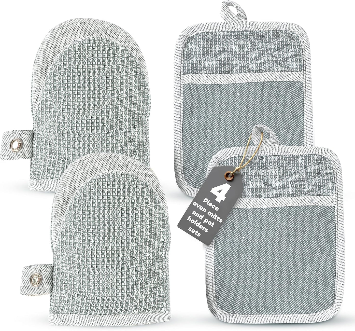 Casa Platino Heat Resistant Oven Mitts & Potholders, 4-Piece – Oven Mitts and Pot Holders Sets for Baking, Grilling & Microwave – Withstands Heat Up to 500°F, Non-Slip, Machine Washable – Grey