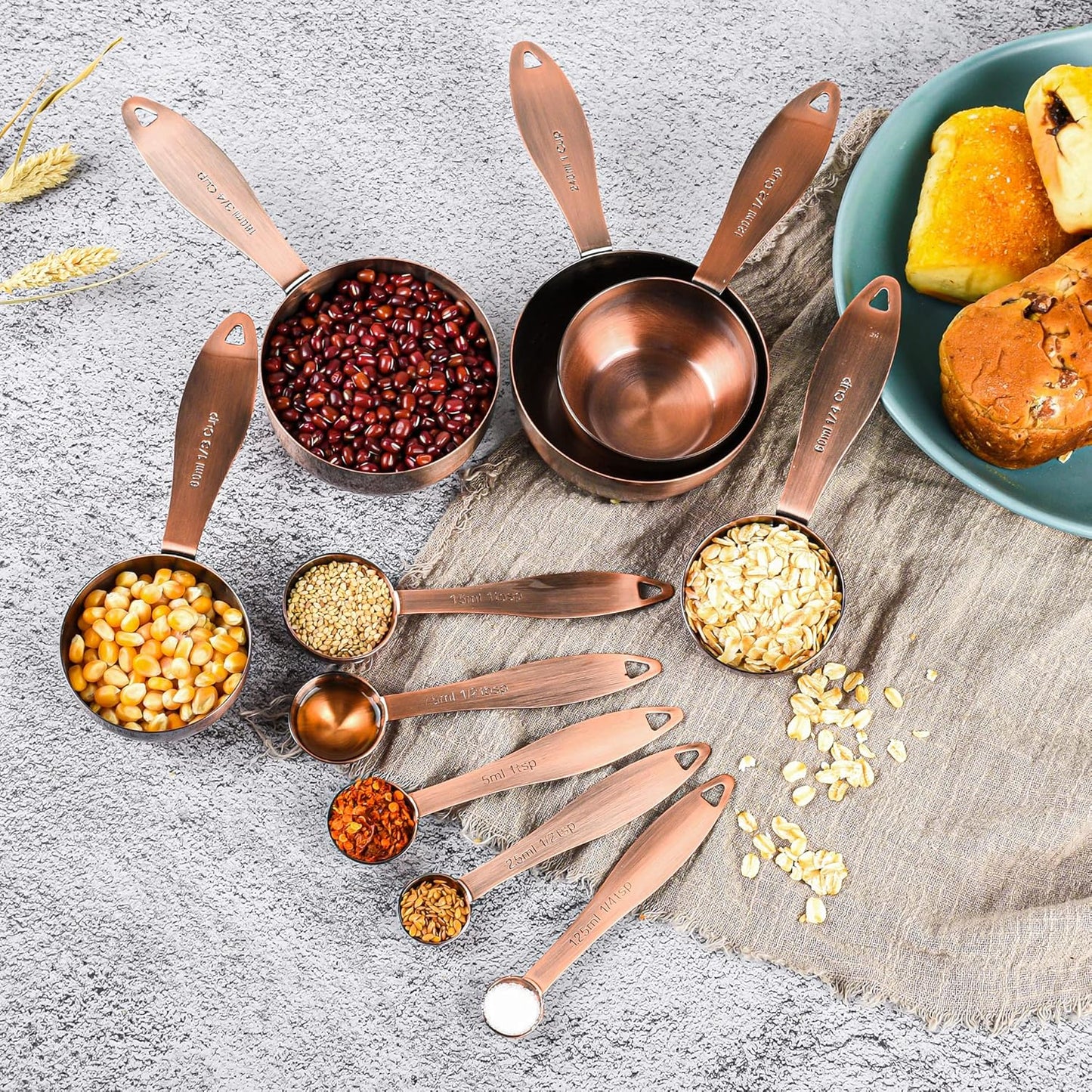Copper measuring cups and spoons set,Includes 5 Copper Measuring Cups and 5 Measuring Spoons and Measure Ingredient Leveler and Rings（copper）
