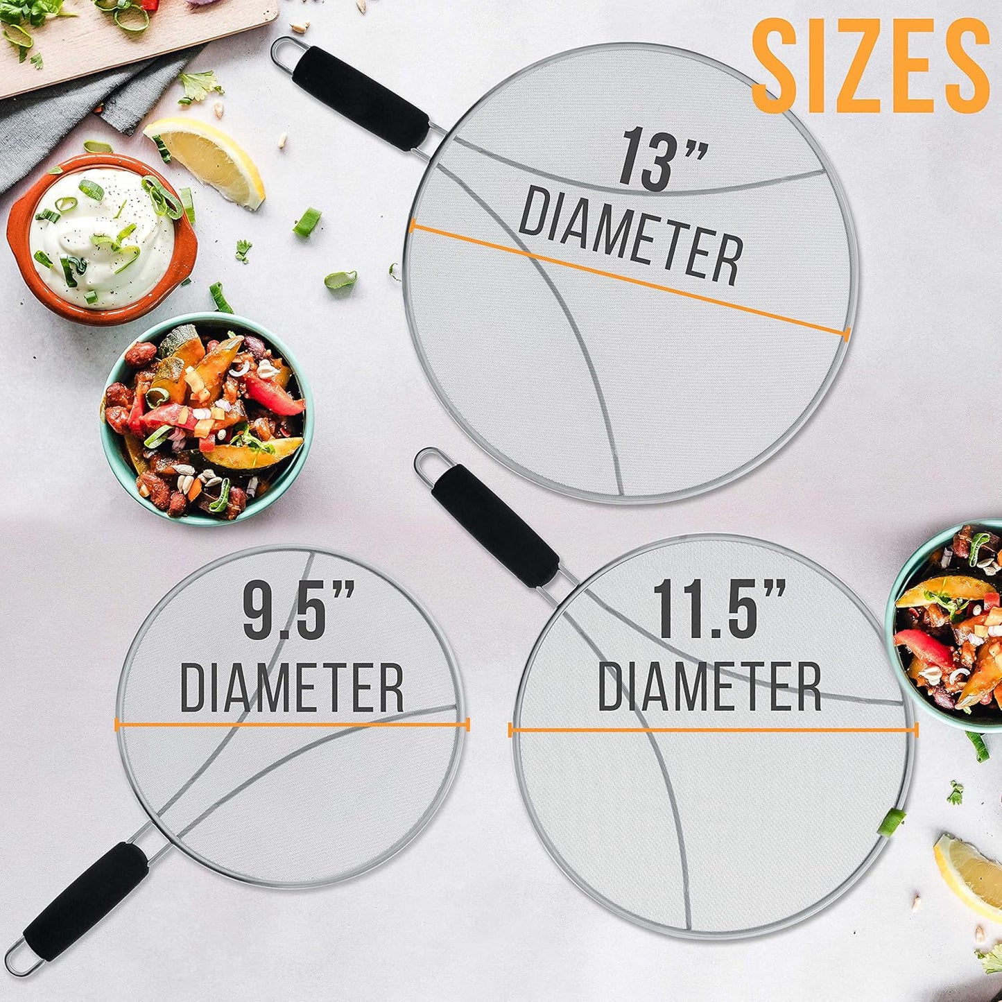 U.S. Kitchen Supply 3-Piece Stainless Steel Splatter Guard Set (13", 11.5", 9.5") Fine Mesh Cover, Grease & Oil, Splatter Screen for Frying Pan, Cooking Pots, with Resting Feet & Comfort Grip Handles