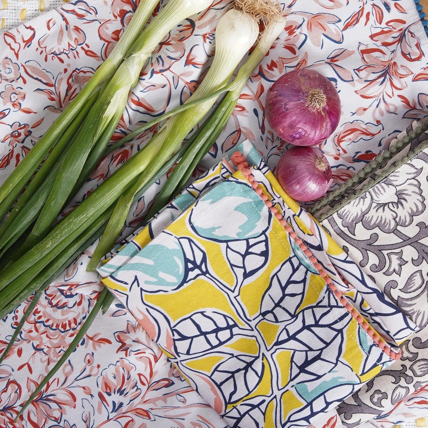 Printed Kitchen Dish Bar and Tea Towels Cotton, 18x28 inch with Trims, Cotton Dish Towel Sets (Multicolor, Set of 3)