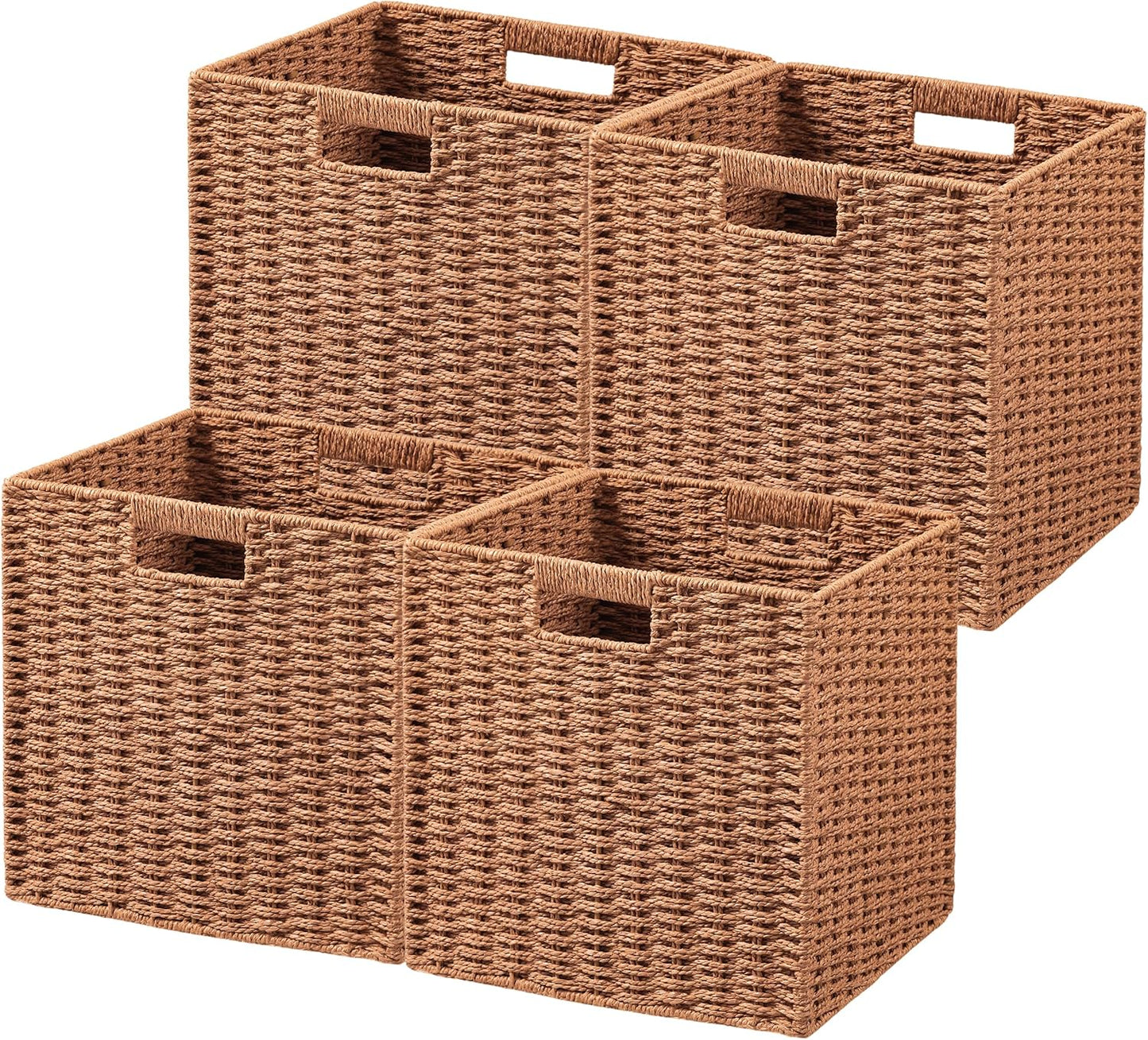 UBBCARE 4 Pack Wicker Basket, 11L×11H×10.5W inch Woven Paper Rope Storage Baskets for shelves, Foldable Cube Storage bin with Handle, Storage Basket for Organizing & Decor, Caramel